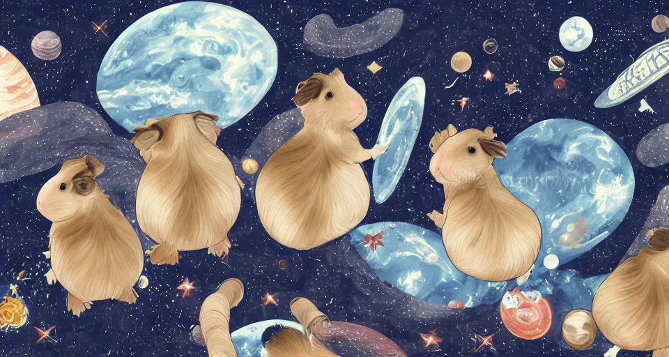 Image similar to back view of many baby guineapigs on the cover of vogue magazine flying in space suits, deep dark universe, twinkling and spiral nubela, warmhole, beautiful stars, 4 k, 8 k, by hokusai, samurai man vagabond, detailed, editorial illustration, matte print, concept art, ink style, sketch, digital 2 d