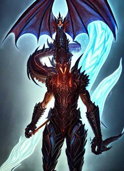 Image similar to muscular and tall ghostly fire humanoid dragon!!!! draconian!! intricate ornate iridescent heavy armor!! character concept art, sharp focus, octane render! unreal engine 5! highly rendered!! trending on artstation!! detailed linework!! illustration by artgerm, wlop, and chie yoshii