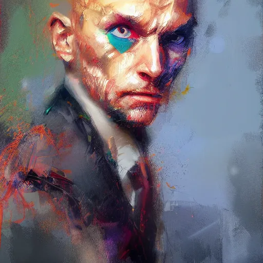 Prompt: A realistic hyperdetailed multi-colored digital oil full body portrait painting of a cat in a suit in the style of Guy Denning, Ruan Jia, and Craig Mullins. Trending on ArtStation and DeviantArt. CGSociety Digital art.