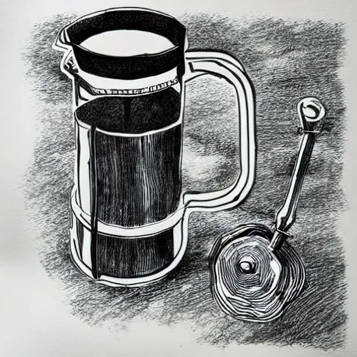 Prompt: coffee french press hand drawn ink on paper, high detail, denoised