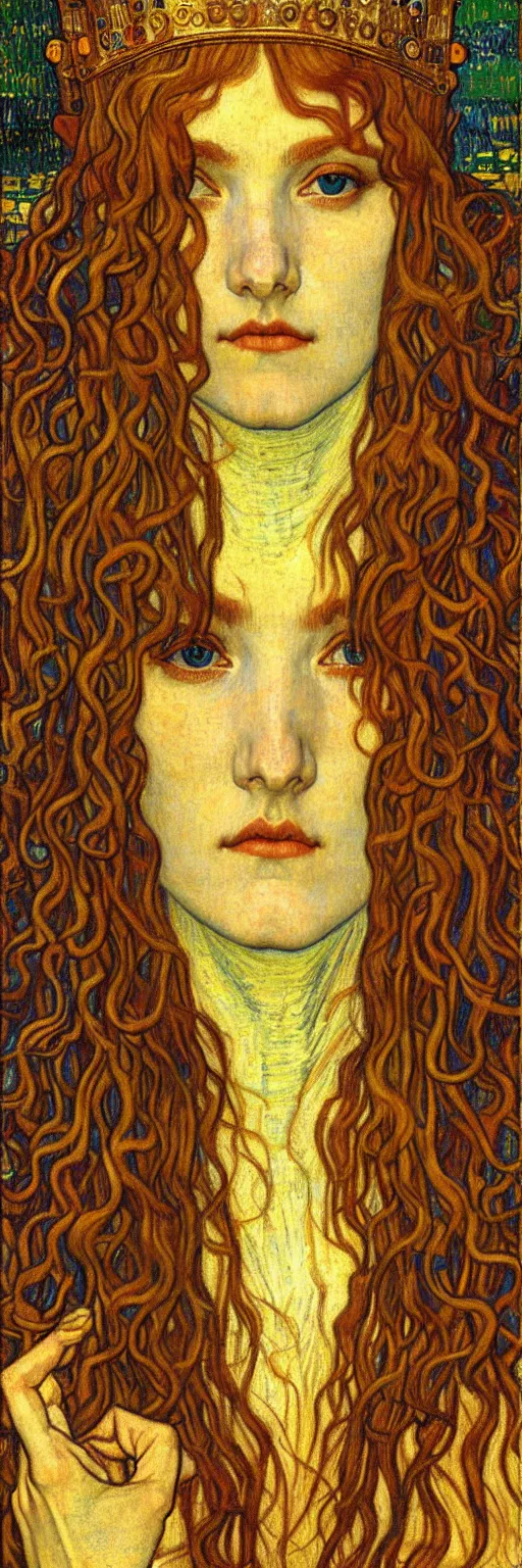 Image similar to detailed realistic beautiful young medieval queen face portrait by jean delville, gustav klimt and vincent van gogh, art nouveau, symbolist, visionary, gothic, pre - raphaelite, muted earthy colors, desaturated