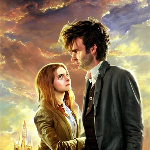 Prompt: david tennant as tenth doctor who and emma watson as hermione granger in tardis, highly detailed, artstation, concept art, fantasy, smooth, sharp focus, illustration, perfect face, art by nikolay makovsky, jacek malczewski, arthur hughes, edward okun, franz xaver winterhalter