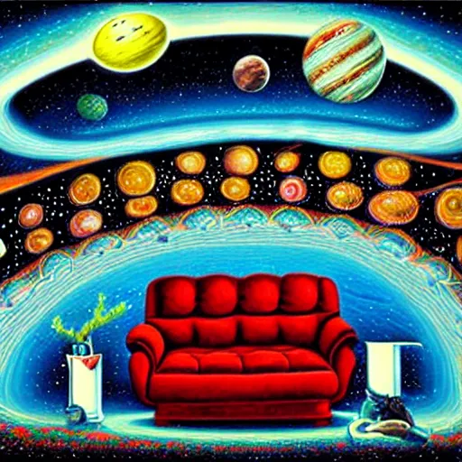 Image similar to psychedelic trippy couch in space, planets, milky way, sofa, cartoon by rob gonsalves