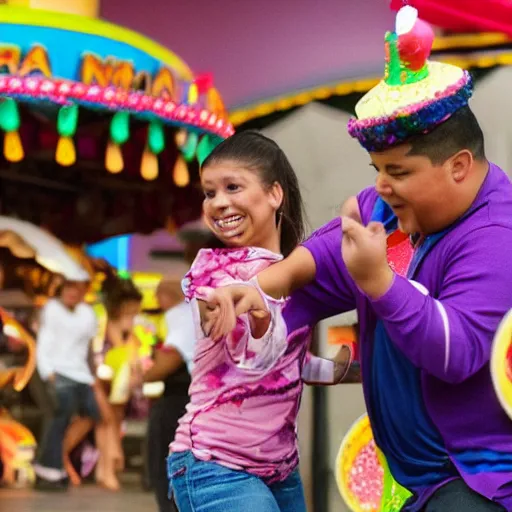 Prompt: a churro dancing away from a chubby kid that's trying to eat it at a carnival - n 9