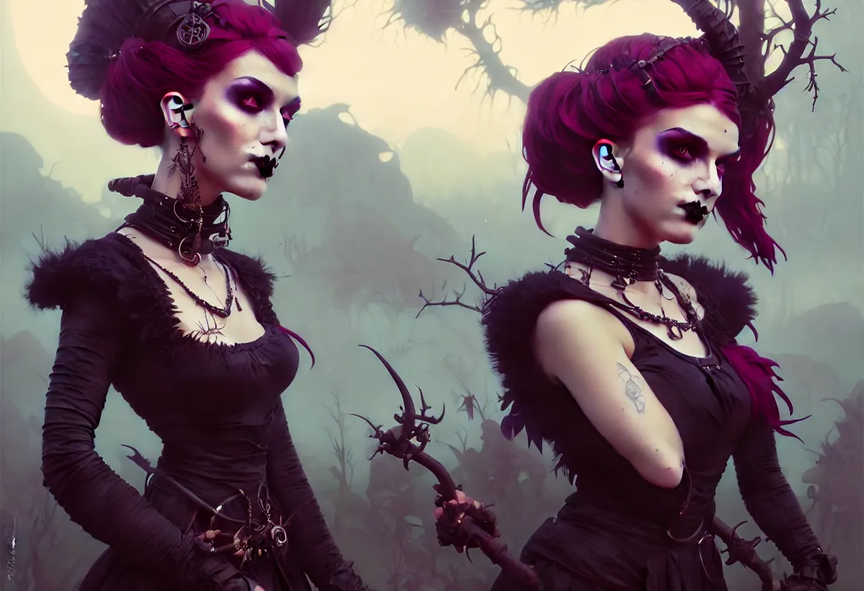 Image similar to beautiful portrait, goth girl, piercings collar, mohawk hairstyle, medieval dress. witch, makeup. unreal engine, greg rutkowski, loish, rhads, beeple, tom bagshaw, alphonse mucha, global illumination, detailed and intricate environment