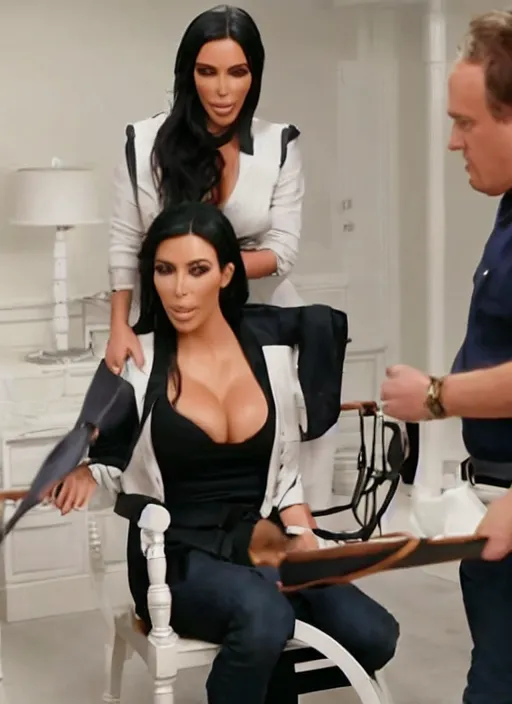 Image similar to a film still of kim kardashian tied to a chair, mouth taped, hands cuffed, outfit : jeans and white vest