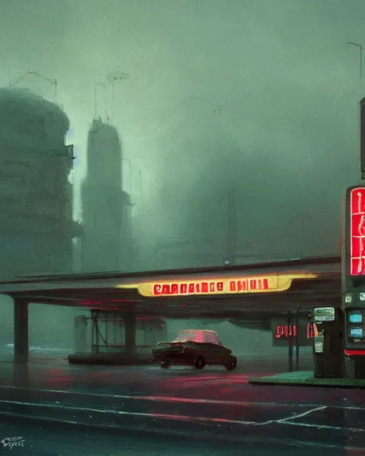 Image similar to a highly detailed epic cinematic concept art CG render digital painting artwork: Soviet gas station, fog, neon. By Greg Rutkowski, in the style of Francis Bacon and Syd Mead and Norman Rockwell and Beksinski, open ceiling, highly detailed, painted by Francis Bacon and Edward Hopper, painted by James Gilleard, surrealism, airbrush, Ilya Kuvshinov, WLOP, Stanley Artgerm, very coherent, triadic color scheme, art by Takato Yamamoto and James Jean