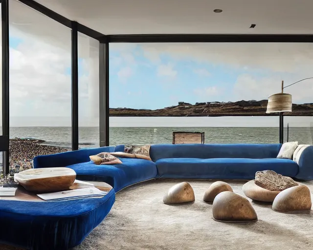 Image similar to A modern living room inspired by the ocean, a luxurious wooden coffee table with large seashells on it, 100 inch television playing drake and josh, amazing detail, 8k resolution, blue color, calm, relaxed style, harmony, wide angle shot