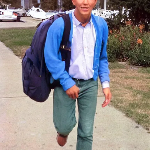 Prompt: a color photograph of a very handsome young guy going to college in 2 0 8 8