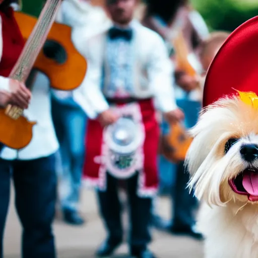 Image similar to a cream-colored Havanese dog dressed as a mariachi musician, holding maracas, Leica 35mm, 4K