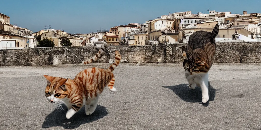 Prompt: photography of a cat running away with mortadella in his mouth at trullo houses town in the background, photoreal, 3 5 mm, award winning photography