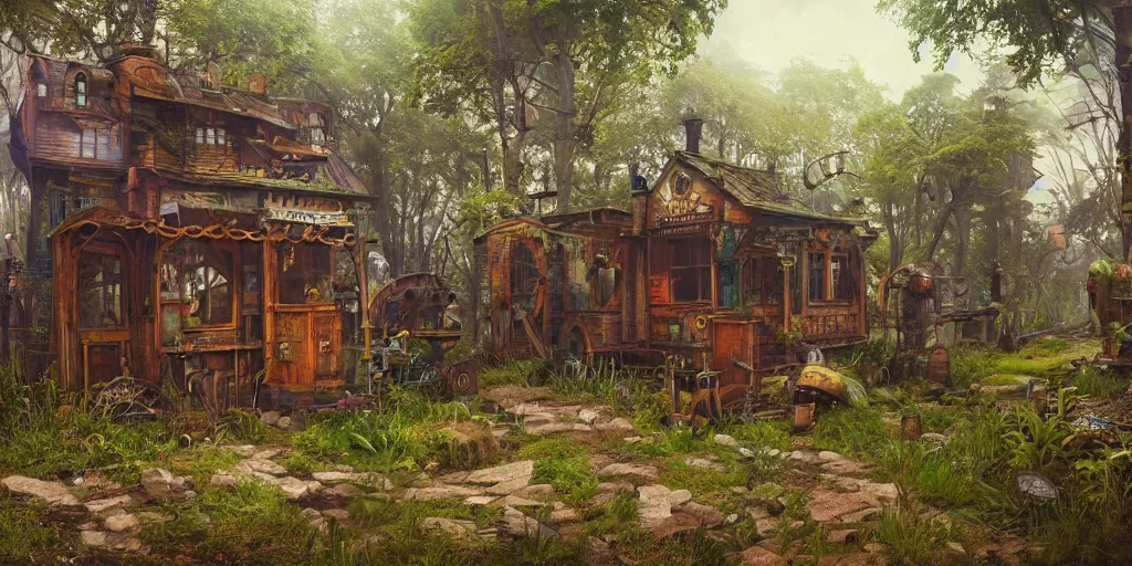 Image similar to steampunk wooden shack interior, overgrown, colorful, contrast, depth of field, 3 d scene, render, greg rutkowski, zabrocki, karlkka, jayison devadas, trending on artstation, 8 k, ultra wide angle, zenith view, pincushion lens effect