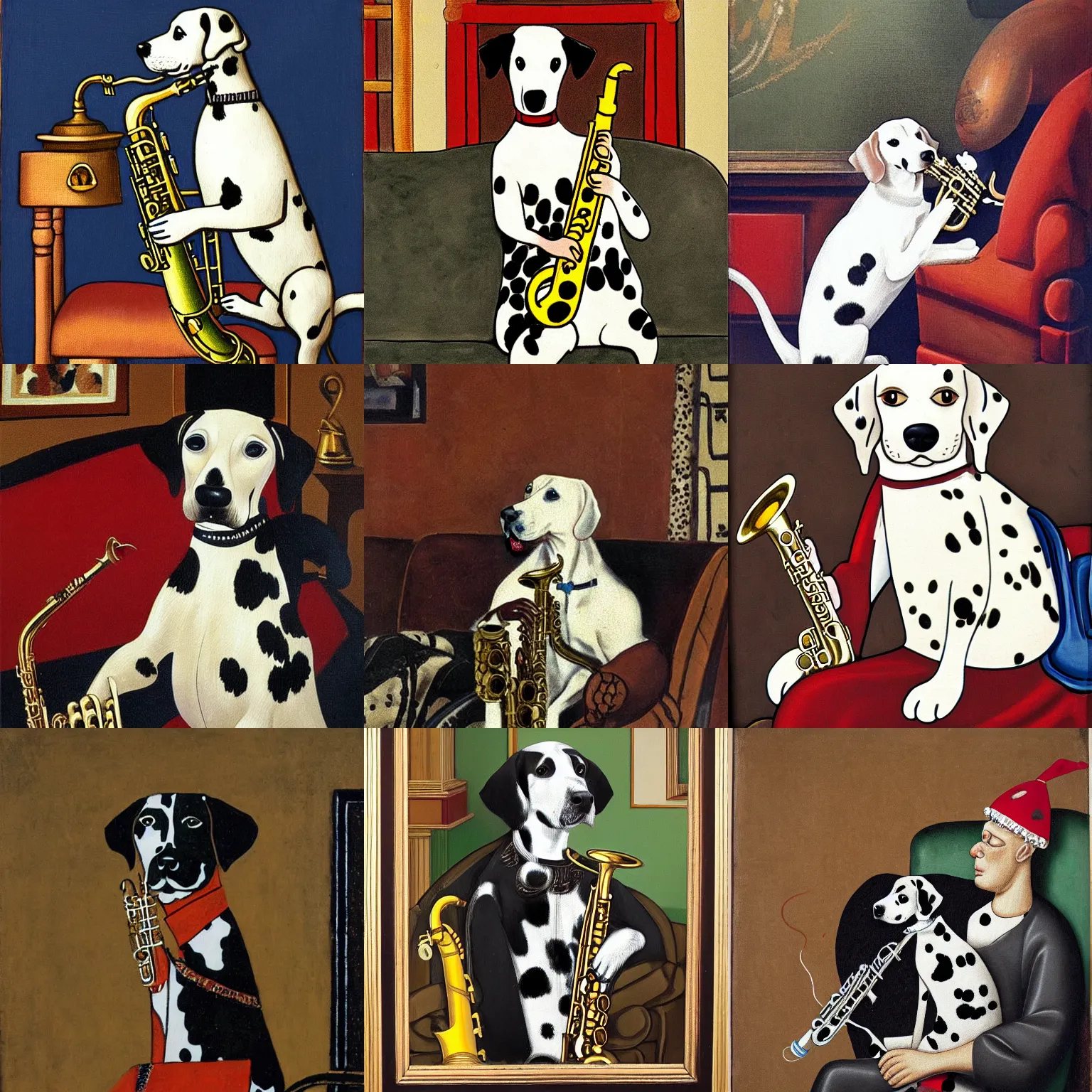 Prompt: dog playing the saxophone, sitting on the couch, dalmatian, medieval portrait