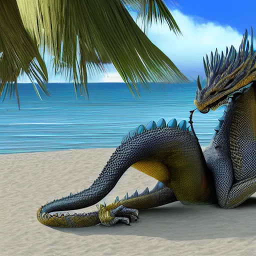 Image similar to Photorealistic award-winning anthromorphic dragon relaxing in a beach, 3D, as coherent as Dall-E 2
