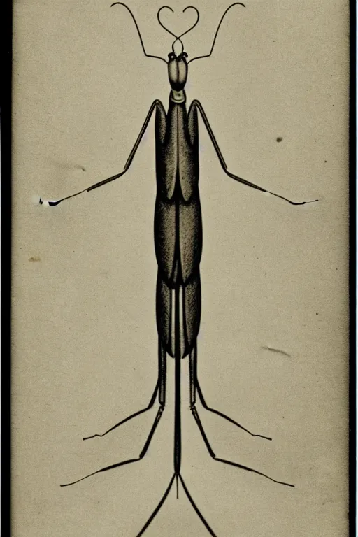 Prompt: anthropomorphic praying mantis, wearing a suit, vintage photograph, sepia