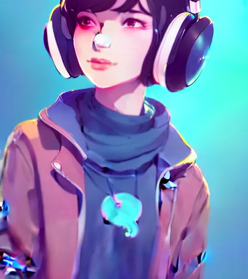 Image similar to little female character inspired by 9 0's fashion and by madeline from celeste, art by rossdraws, wlop, ilya kuvshinov, artgem lau, sakimichan and makoto shinkai, concept art, headphones