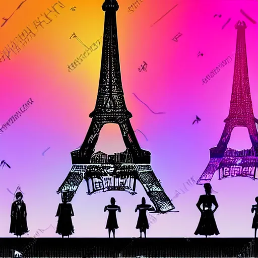 Image similar to synthwave version of 1 9 th century paris, eiffel tower on the background, people wearing glowing victorian clothes