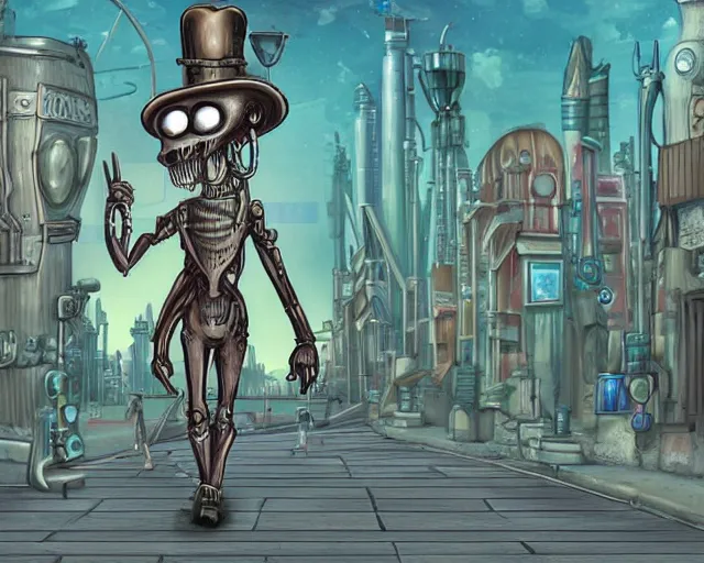 Image similar to digital artwork of humanoid alien walking along a steampunk style city street