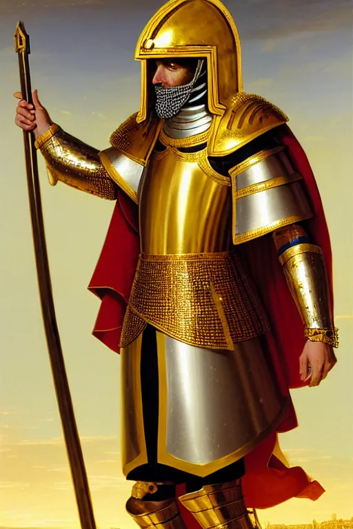 Prompt: man looking forward in decorated with gold baroque style christian crusader armor, cylindrical helmet covering all his face decorated with golden cross on front it's front end and white cape covering half of his body standing at the gates of jerusalem drawn by greg rutkowski realistic high detail