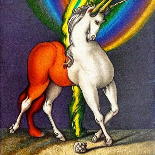 Image similar to a unicorn walking on a rainbow in the style of Caravaggio