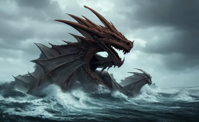 Image similar to a dragon with three heads emerging from the ocean during a storm, dramatic lighting, cinematic, high coherence, hyperrealistic, anatomically correct, path traced, highly detailed, high quality, 8 k hdr, octane render, unreal engine 5, trending on artstation, epic image, turbulent sea, concept art, digital art