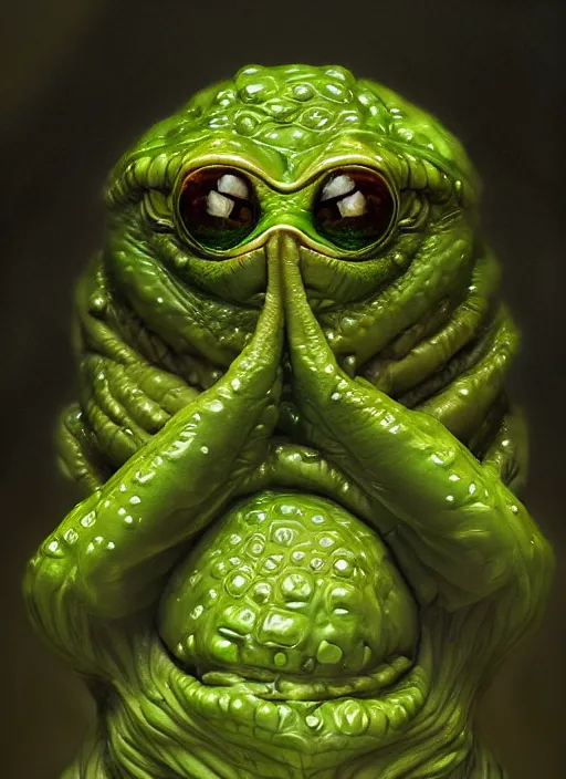 Image similar to slimy 4 chan pepe, drool, portrait, intricate, elegant, highly detailed, digital painting, artstation, concept art, wallpaper, smooth, sharp focus, illustration, art by h. r. giger and artgerm and greg rutkowski and alphonse mucha