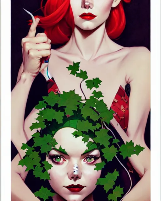 Image similar to joshua middleton, phil noto, norman rockwell, artgerm, rockabilly emma stone poison ivy dc comics, vines, symmetrical eyes, city rooftop