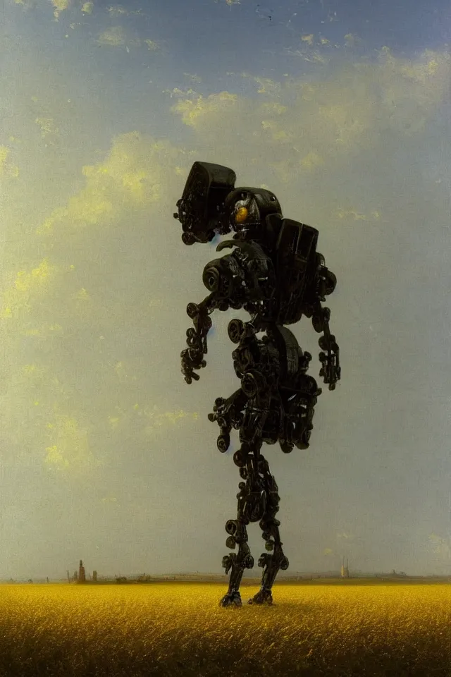 Prompt: painting of the back view of one terminator robot, standing far away in the yellow wheat fields, looking at some gargantuan tall buildings by Ivan Aivazovsky