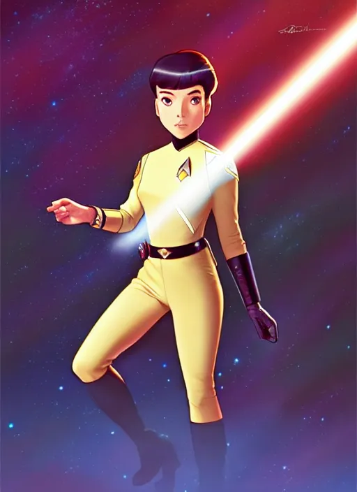 Prompt: cute star trek officer ferando torres, natural lighting, path traced, highly detailed, high quality, digital painting, by don bluth and ross tran and studio ghibli and alphonse mucha, artgerm