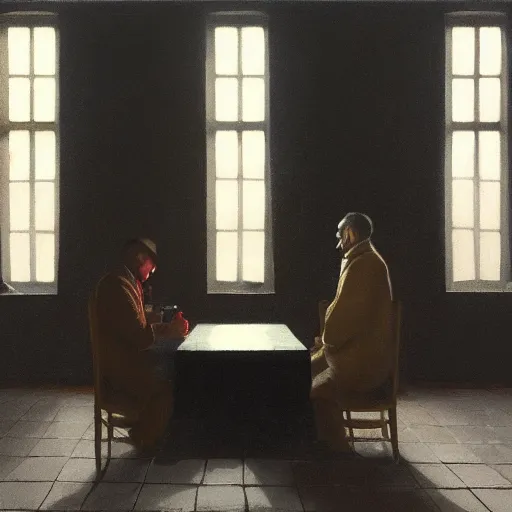 Image similar to covert shadow figures of men in a dark room with a chequered floor conversing around a table in secrecy, moody and atmospheric, dramatic scene, dimly lit room, cgsociety, 8k resolution, trending on artstation, octane render by Quint Buchholz, Pieter Claesz and edward hopper