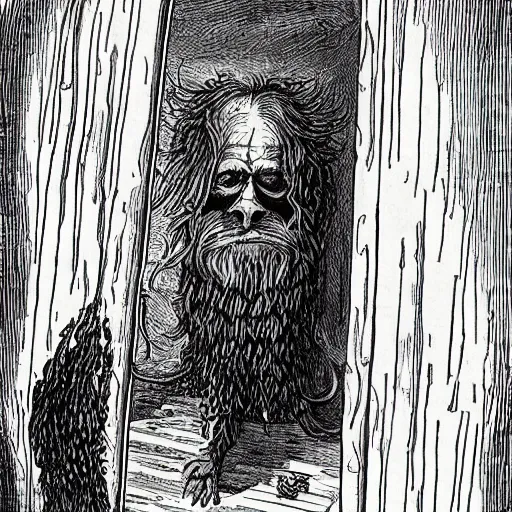 Prompt: A giant of a man was standing in the doorway. His face was almost completely hidden by a long, shaggy mane of hair and a wild, tangled beard, but you could make out his eyes, glinting like black beetles under all the hair.