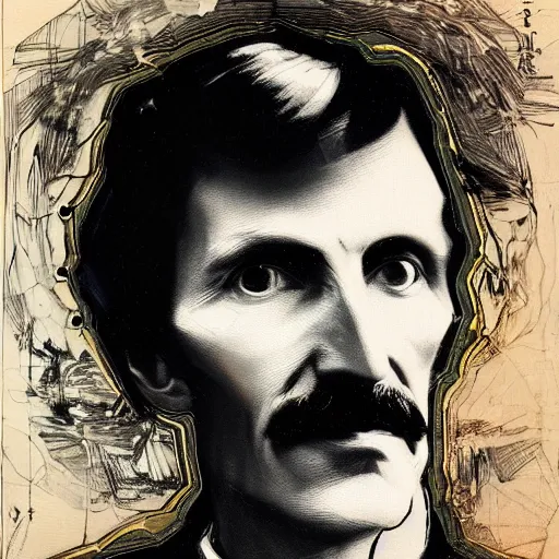 Prompt: portrait of nikola tesla, hanafuda oil on canvas by ivan shishkin, james jean and yoji shinkawa