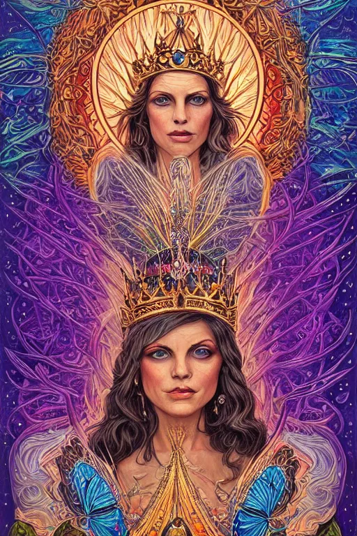 Image similar to beautiful tarot card of the queen of dreams by dan mumford and carol bak and alex grey, oil on canvas, intricate, symmetrical, portrait, 8k highly professionally detailed, HDR, CGsociety
