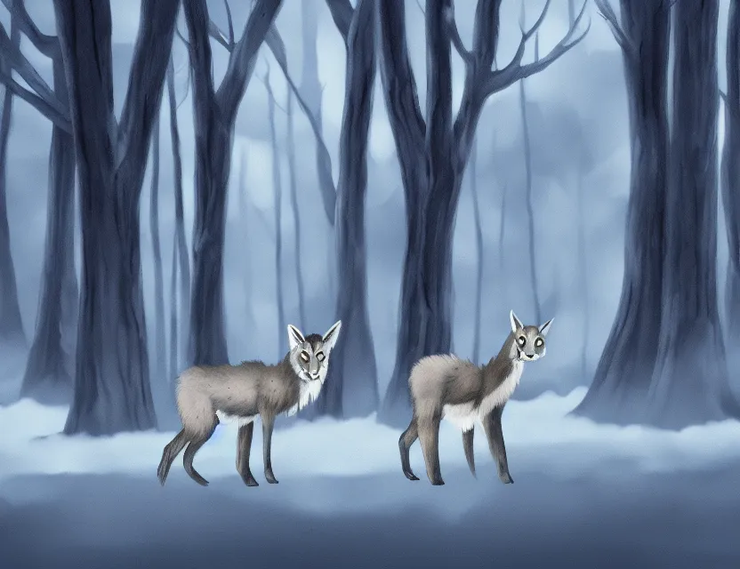 Prompt: supernatural animal spirit in the winter woods. limited palette, western 2 d animation from the 2 0 1 0 s, backlighting, bold composition, depth of field.