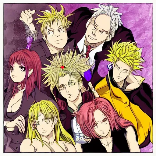 Image similar to the seven deadly sins posing for their album cover, very detailed, bland colors, award winning digital art