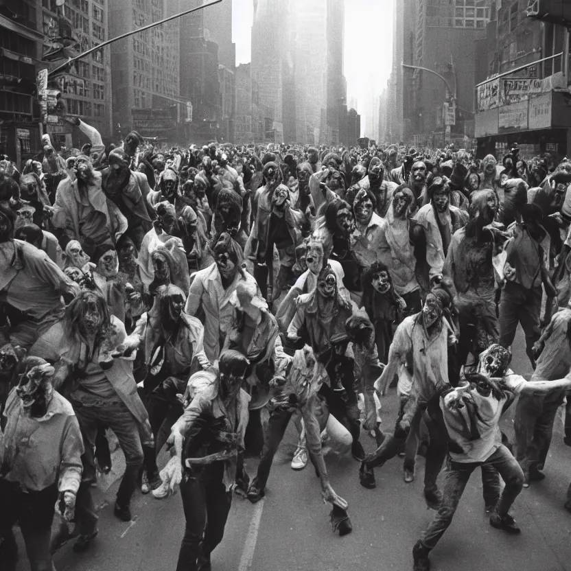 Prompt: horde of radioactive zombies staggering in new york city street, 1970s, 35mm film look, Kodak Portra 400, 8k