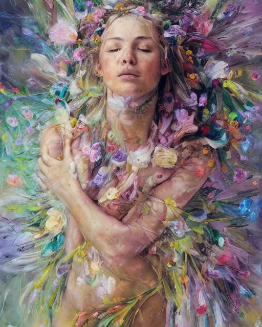 Prompt: Flower storm portrait of forest nymph, vortex of petals and radiant light, in the style of Jenny Saville, highly detailed palette knife oil painting, thick impasto