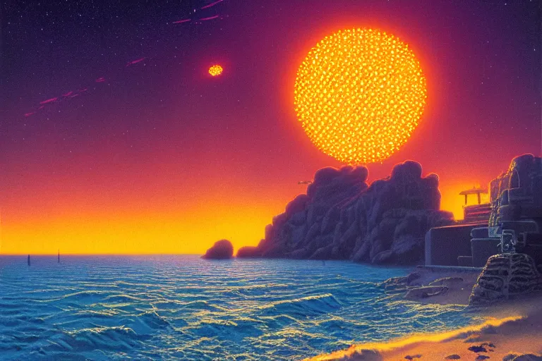 Prompt: Meteors falling on to a beach at sunset by Angus McKie, catastrophic, dramatic lighting, trending on artstation