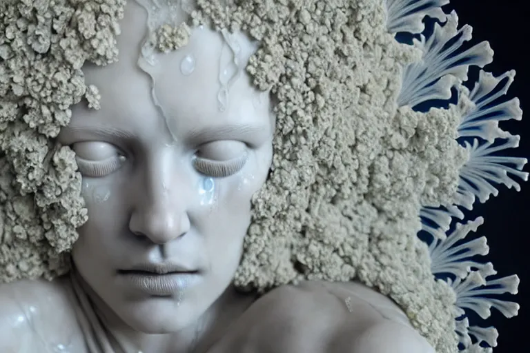 Image similar to a sculpture of a stunningly beautiful woman with flowing tears, fractal flowers on the skin, intricate, a marble sculpture by nicola samori, behance, neo - expressionism, marble sculpture, made of mist, still frame from the prometheus movie by ridley scott with cinematogrophy of christopher doyle, arri alexa, 8 k