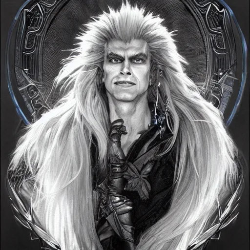 Prompt: amazing lifelike award winning pencil illustration of jareth the goblin king trending on art station artgerm Greg rutkowski alphonse mucha cinematic