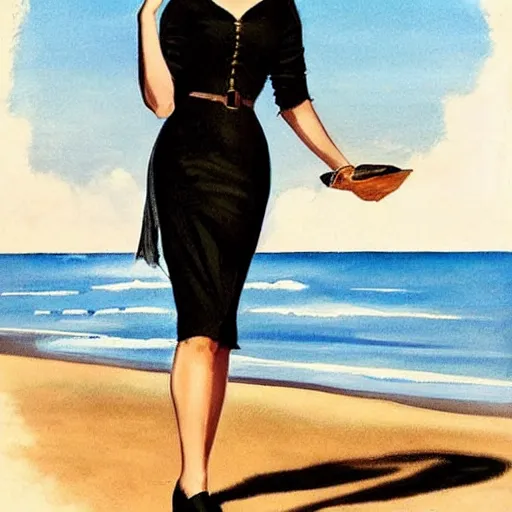 Image similar to woman in black dress on the beach, pretty face, black shoes, leyendecker style