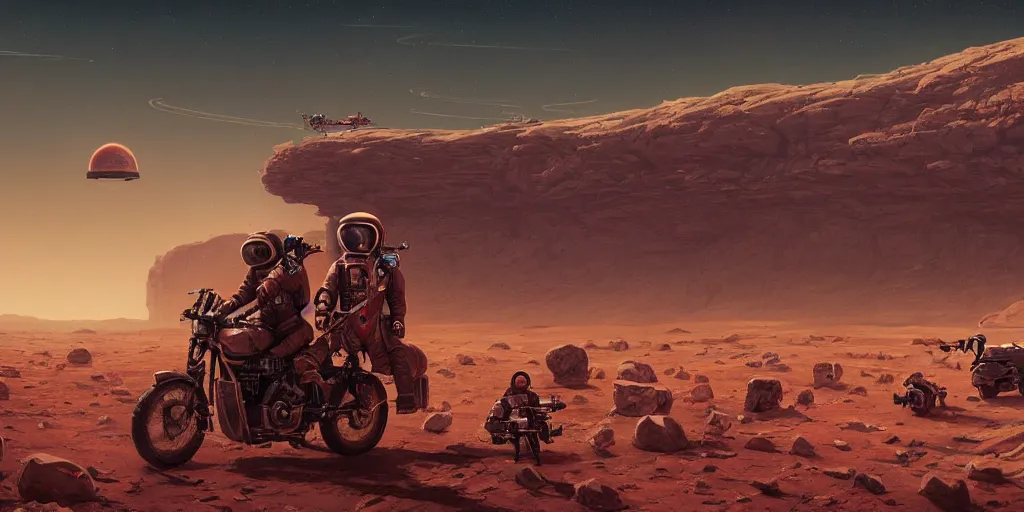 Image similar to american astronaut driving a motorcycle in mars, tribe members chasing, action scene, an epic fantasy, dramatic lighting, cinematic, establishing shot, extremely high detail, photorealistic, cinematic lighting, artstation, by simon stalenhag, horizon forbidden west