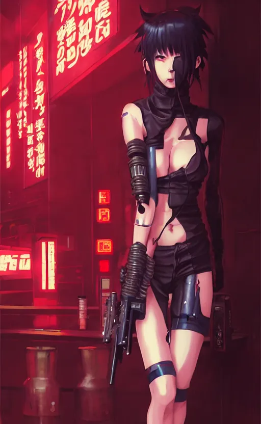 Image similar to cyberpunk anime girl sit in a night bar, cyberpunk oni mask, 3 / 4 shot, street night, beautiful face, grafity, arcane, detail, good face, pose model, concept art, in style of yoji shinkawa, pan ren wei, col price, atey ghailan, by greg rutkowski, aesthetic, digital painting, 3 d