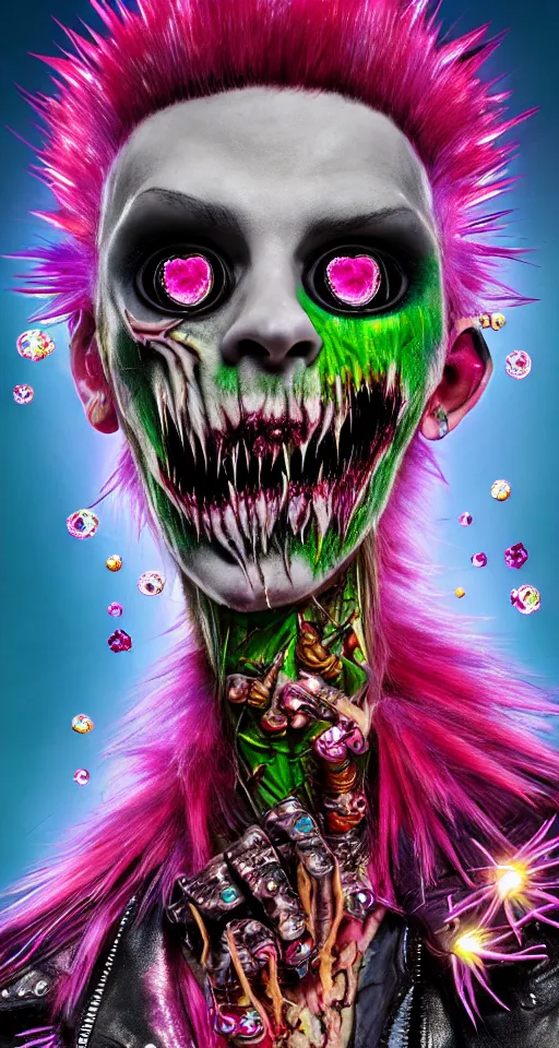 Prompt: action shot of a punk rock zombie with multicolored skin and pink crystal mohawk, red leather jacket, anatomical body, covered in flowers and glitter, digital art, octane render, fantasy, cartoonish, cinematic lighting, visionary art by alex grey