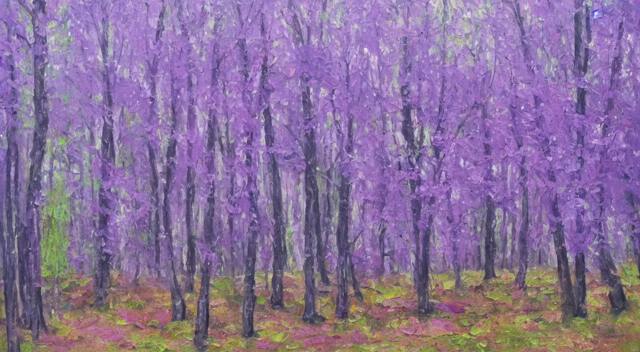 Prompt: Forest of purple trees, oil painting,