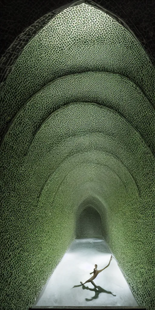 Image similar to a man swims laps in a dark green pool. photo inside underground geometric ribbed gothic vaults by andrew kudless. sunlight streams in from sky between arched ribs. architectural photography. 4 k, 8 k. volumetric lighting. dark, somber, moody lighting. structural arch vaults. ivy and many plants hanging from ceiling, weathered concrete.