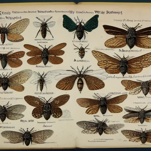 Prompt: 1 9 th century zoological illustration of multiple winged insects