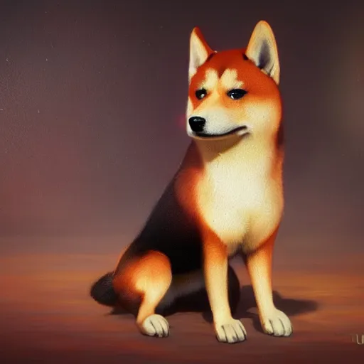 Image similar to an oil painting of a shiba inu with demon wings, hd, hdr, ue 5, ue 6, unreal engine 5, cinematic 4 k wallpaper, 8 k, ultra detailed, high resolution, artstation, award winning