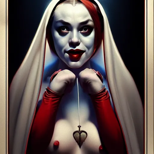 Image similar to Masterpiece Portrait Harley Quinn as a nun, dark fantasy, medium shot, intricate, elegant, highly detailed, digital painting, volumetric light, artstation, concept art, smooth, sharp focus, illustration, art by Gil Elvgren and Greg Rutkowski and Alphonse Mucha