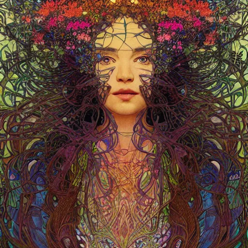 Image similar to portrait of a beautiful healthy wholesome woman made out of wildflowers only flora fauna hyperdetailed intricate detailed maximalist hyperrealism psychedelic nonsensical warped visionary art illusionary art by greg rutowski yoji shinkawa moebius alphonse mucha victo ngai yoji shinkawa apophasis shintaro kago apophasis human body apophasis